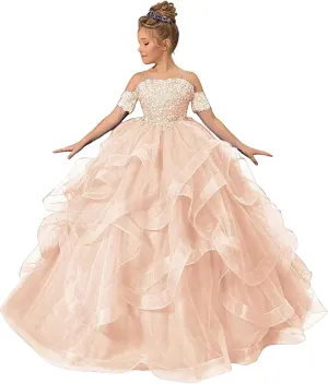 Off Shoulder Pageant Dresses for Girls Lace Applique Ruffle Flower Girl Dress Princess Ball Gown