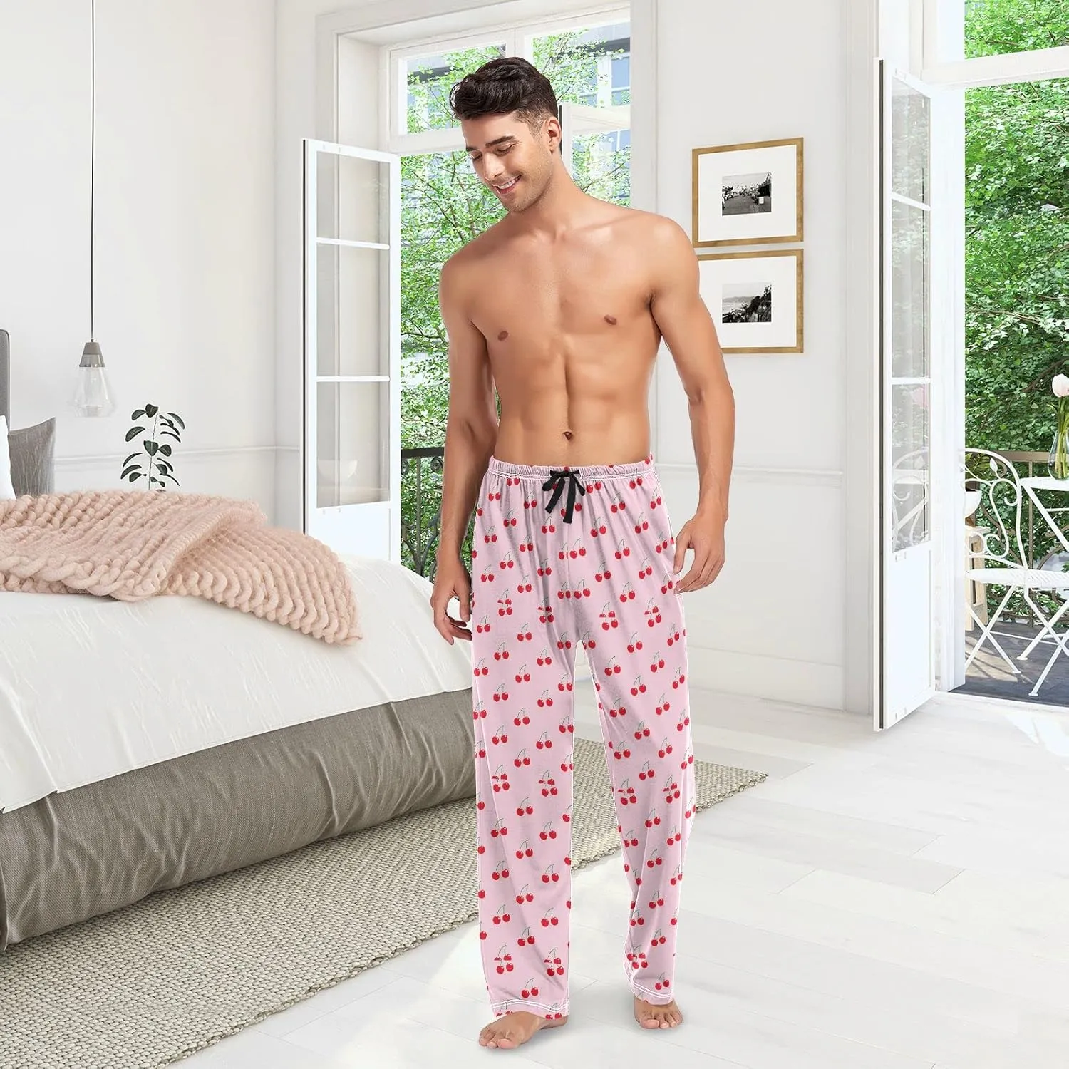 Pink Cherry Pattern Men's Pajama Pants Sleepwear Lounge Pajama Bottoms