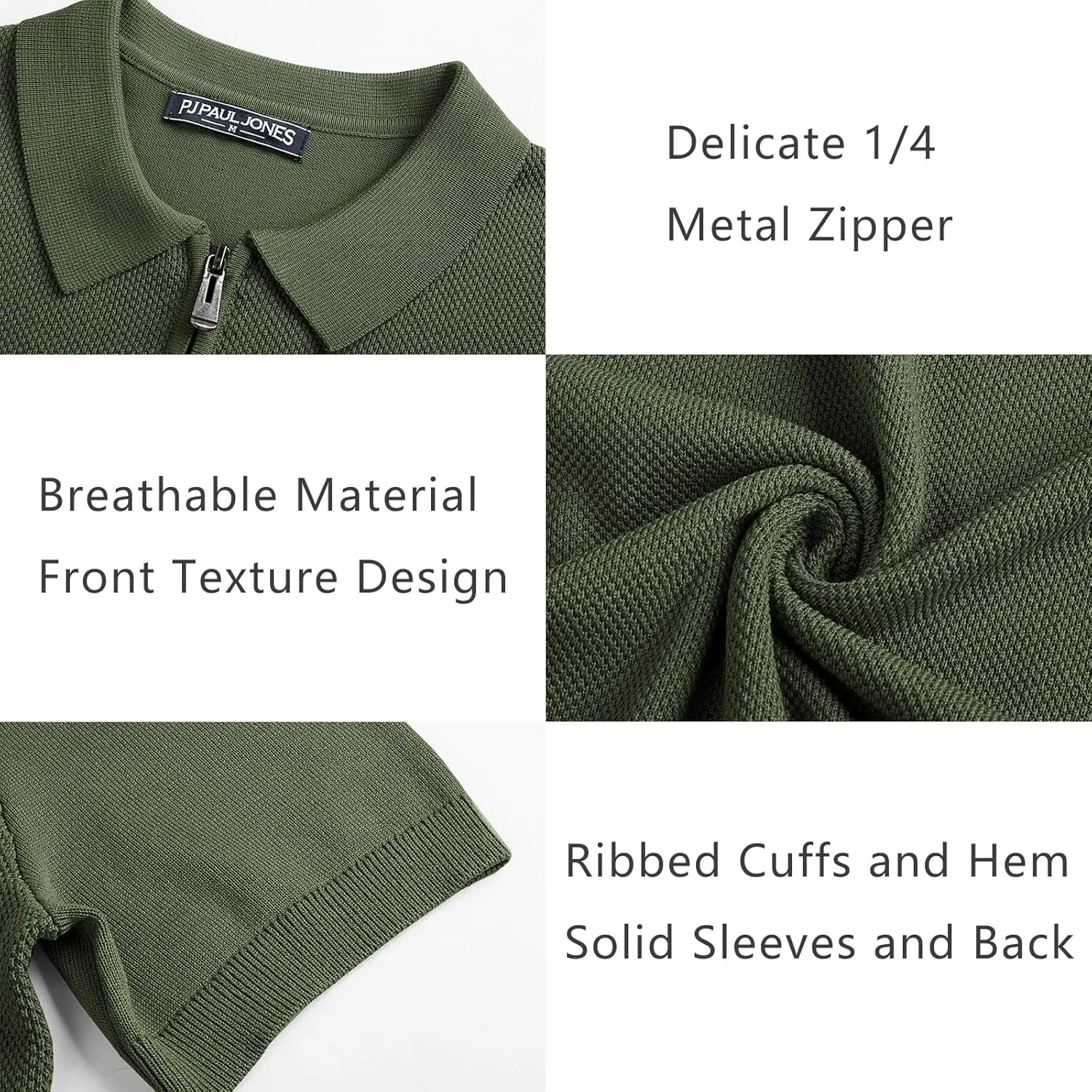 PJ PAUL JONES Men's Zipper Polo Shirt Textured Casual Knit Short Sleeve Polo T Shirt