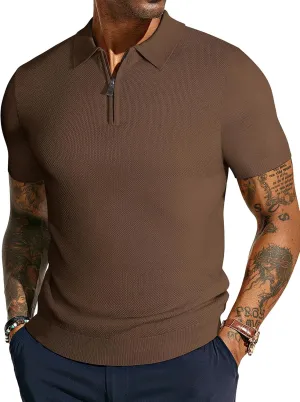 PJ PAUL JONES Men's Zipper Polo Shirt Textured Casual Knit Short Sleeve Polo T Shirt