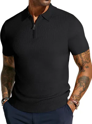 PJ PAUL JONES Men's Zipper Polo Shirt Textured Casual Knit Short Sleeve Polo T Shirt