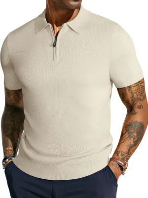 PJ PAUL JONES Men's Zipper Polo Shirt Textured Casual Knit Short Sleeve Polo T Shirt