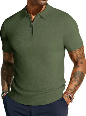 PJ PAUL JONES Men's Zipper Polo Shirt Textured Casual Knit Short Sleeve Polo T Shirt