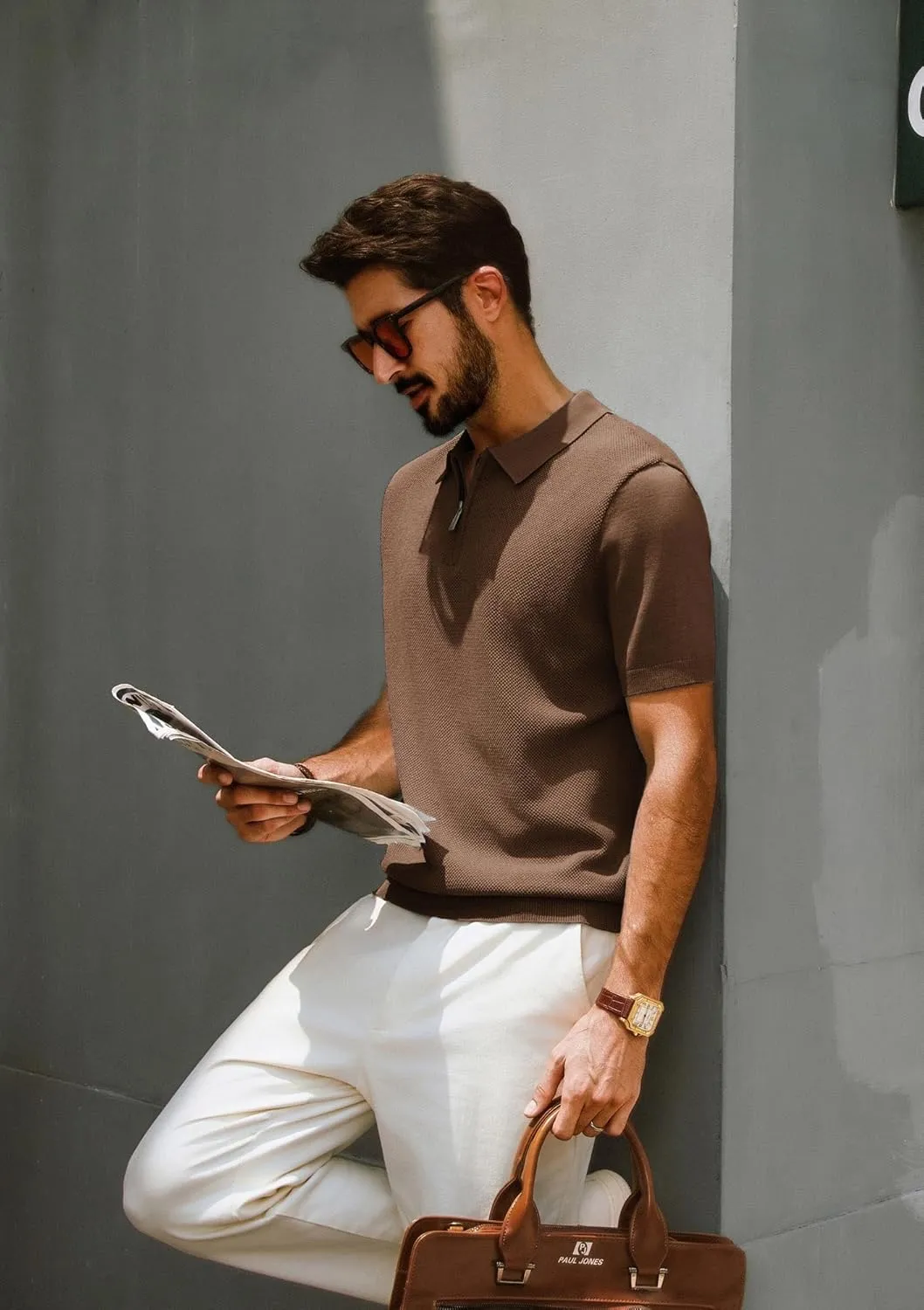 PJ PAUL JONES Men's Zipper Polo Shirt Textured Casual Knit Short Sleeve Polo T Shirt