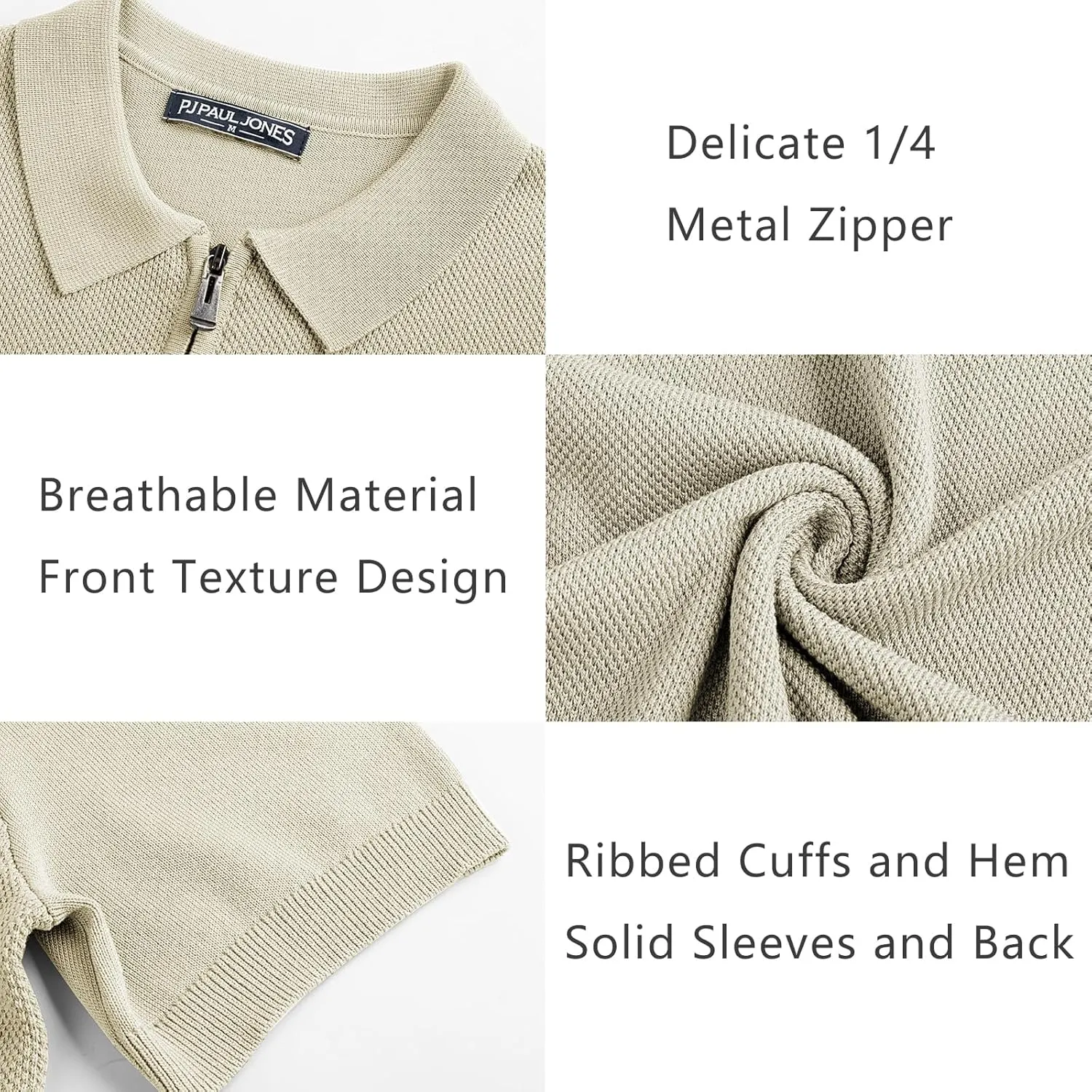 PJ PAUL JONES Men's Zipper Polo Shirt Textured Casual Knit Short Sleeve Polo T Shirt