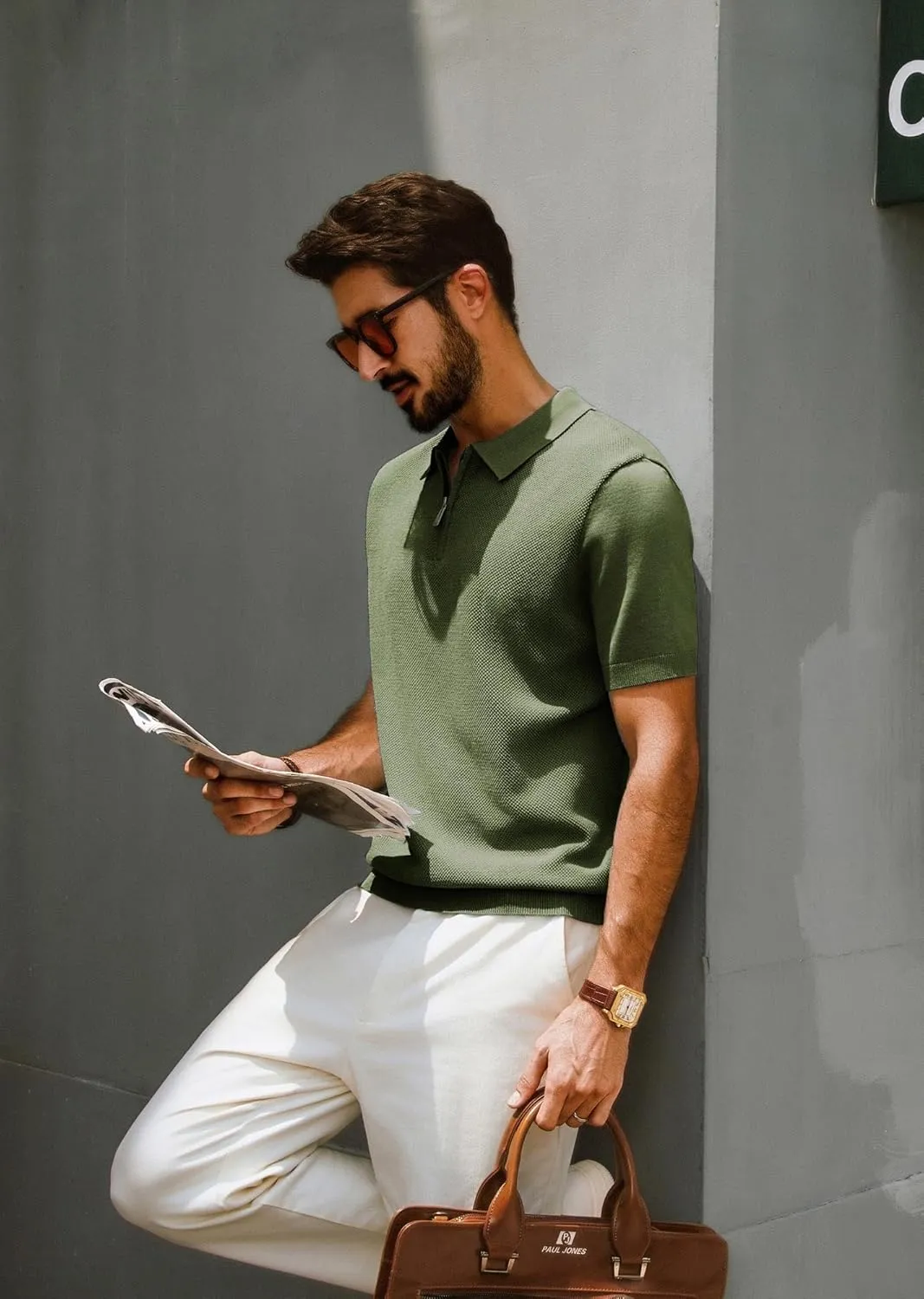 PJ PAUL JONES Men's Zipper Polo Shirt Textured Casual Knit Short Sleeve Polo T Shirt