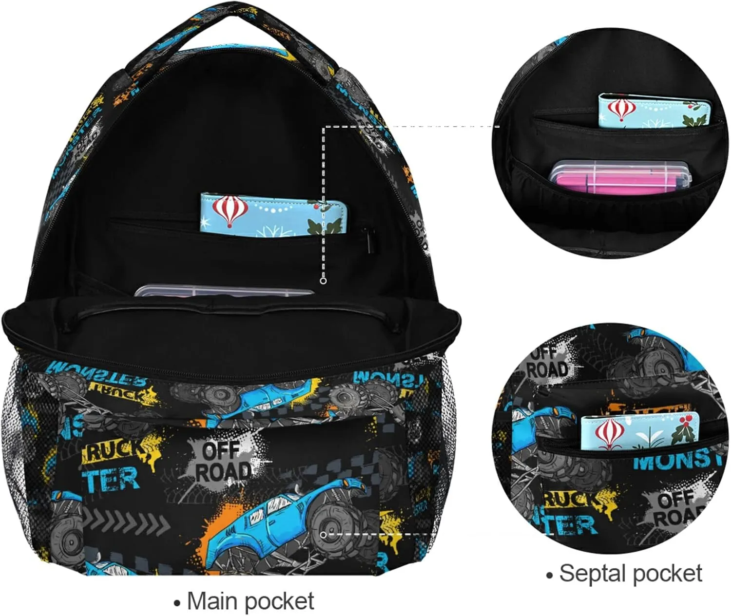 QUGRL Monster Truck Car School Backpack for Girls Boys Urban Style Modern Large Bookbag Laptop Computer Bag Casual Hiking Travel Daypack Backpack Schoolbag for Teens College 16 Inch
