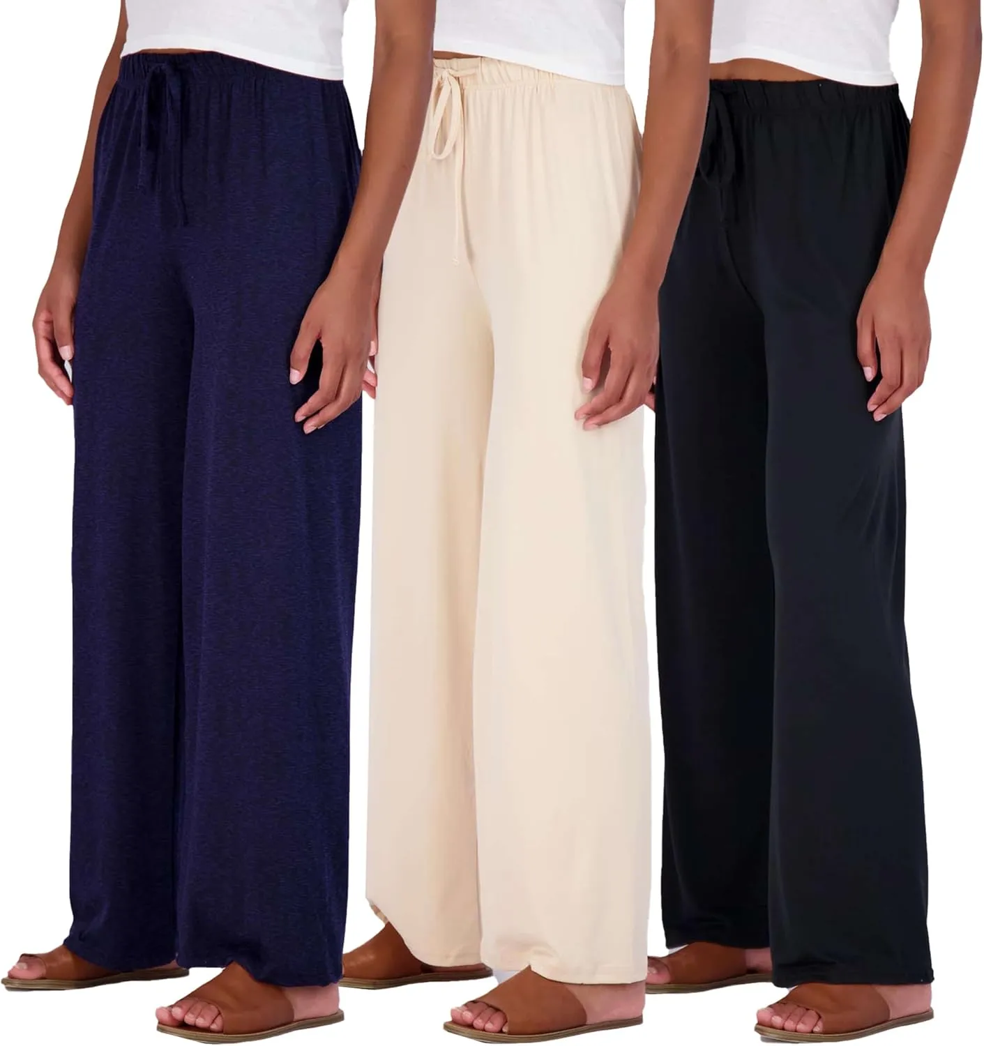 Real Essentials 3 Pack Soft Palazzo Pajama Pants for Women, Wide Leg Comfortable Casual Lounge Yoga Bottoms (Plus Size)