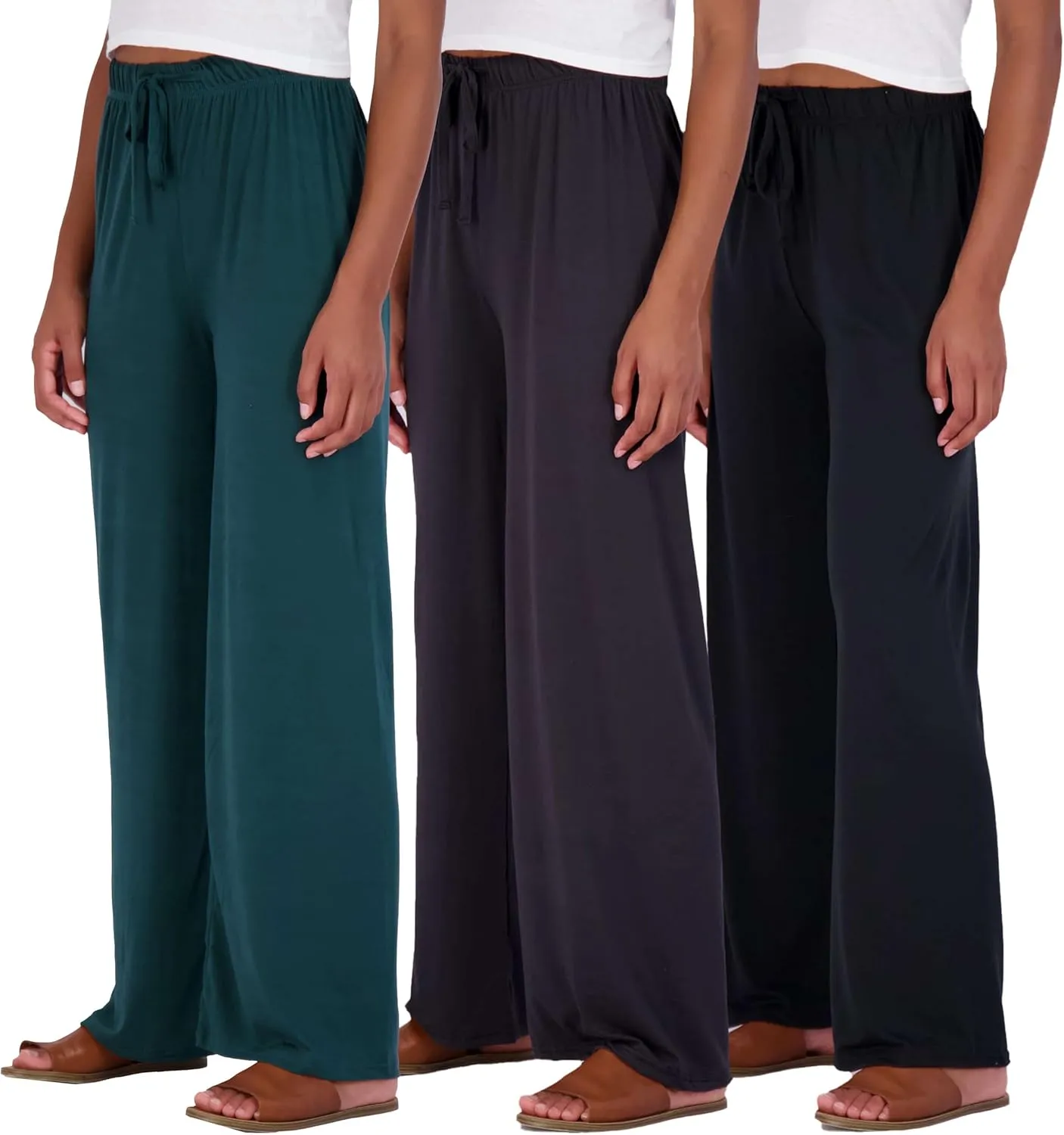 Real Essentials 3 Pack Soft Palazzo Pajama Pants for Women, Wide Leg Comfortable Casual Lounge Yoga Bottoms (Plus Size)
