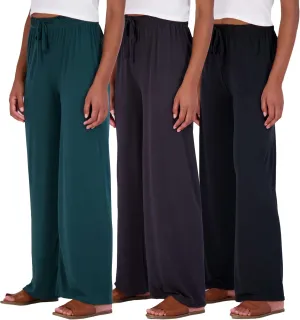 Real Essentials 3 Pack Soft Palazzo Pajama Pants for Women, Wide Leg Comfortable Casual Lounge Yoga Bottoms (Plus Size)