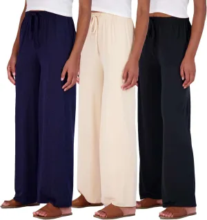 Real Essentials 3 Pack Soft Palazzo Pajama Pants for Women, Wide Leg Comfortable Casual Lounge Yoga Bottoms (Plus Size)