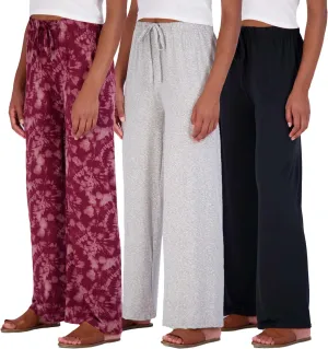 Real Essentials 3 Pack Soft Palazzo Pajama Pants for Women, Wide Leg Comfortable Casual Lounge Yoga Bottoms (Plus Size)