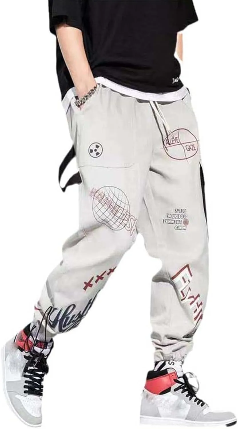 Ribbons-Adorned Men's Harem Jogging Pants Classic Streetwear Casual Spring Cargo Pants with Multi-Pockets