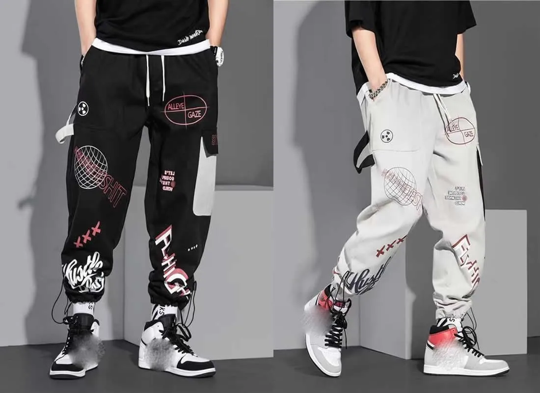 Ribbons-Adorned Men's Harem Jogging Pants Classic Streetwear Casual Spring Cargo Pants with Multi-Pockets