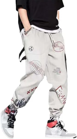 Ribbons-Adorned Men's Harem Jogging Pants Classic Streetwear Casual Spring Cargo Pants with Multi-Pockets