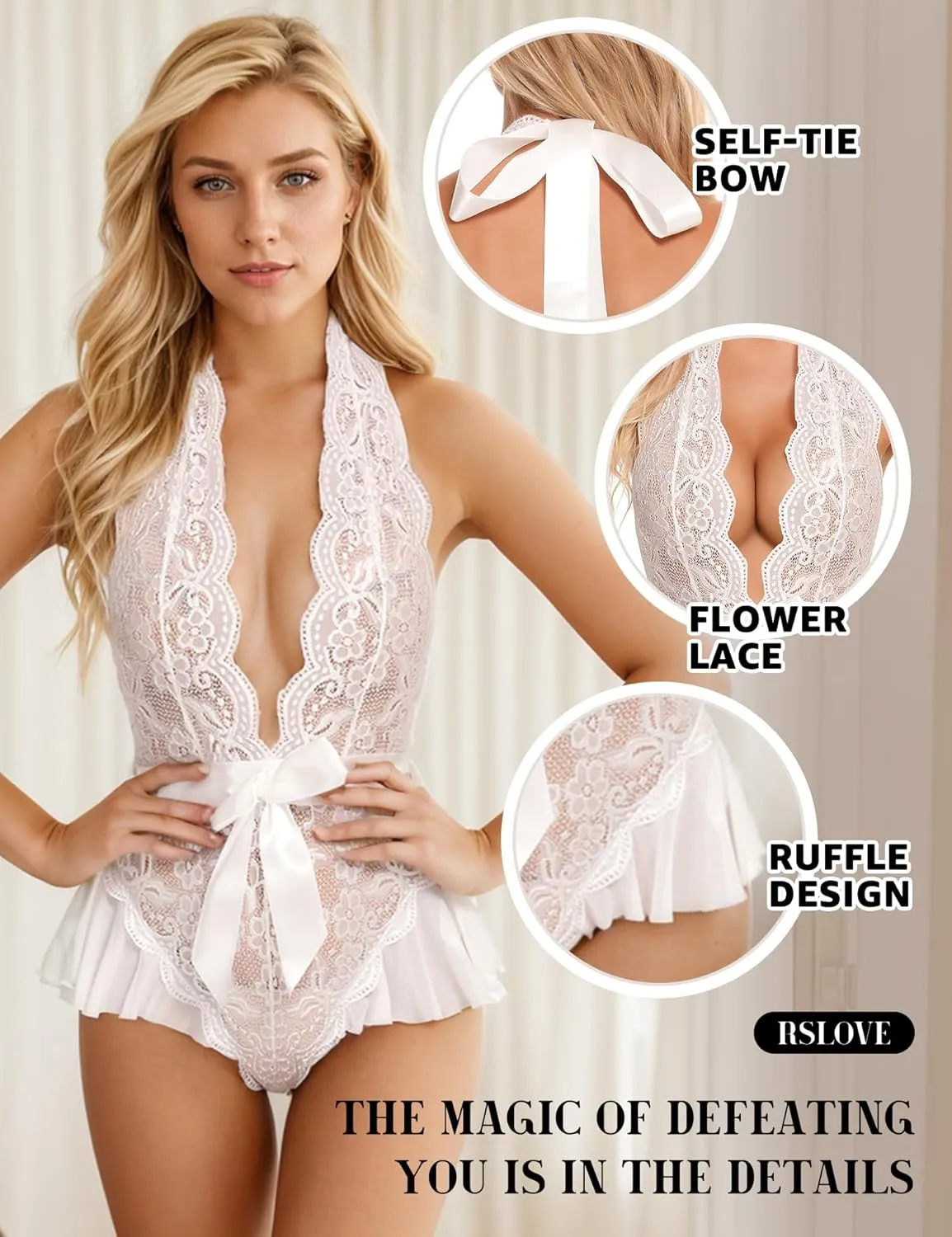 RSLOVE Women Teddy Lingerie Lace Bodysuit One Piece Halter Deep V Babydoll Underwear