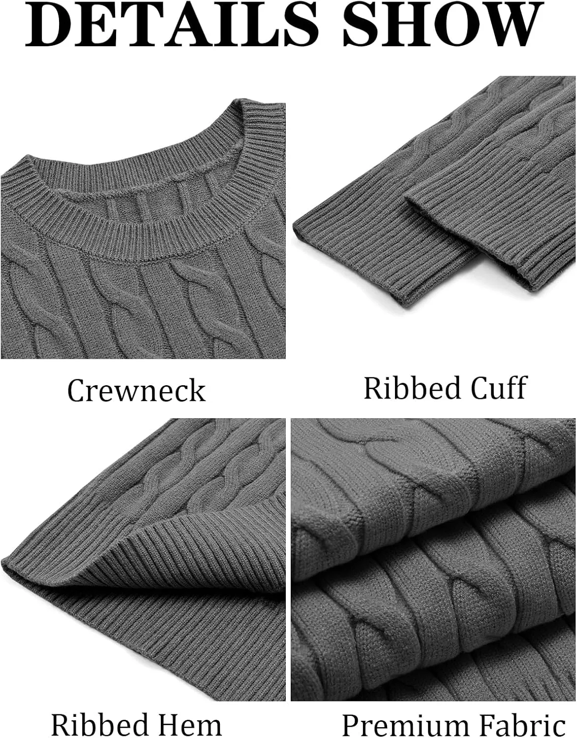 Runcati Mens Cable Knit Pullover Sweater Crewneck Casual Long Sleeve Slim Fit Knitwear Sweaters