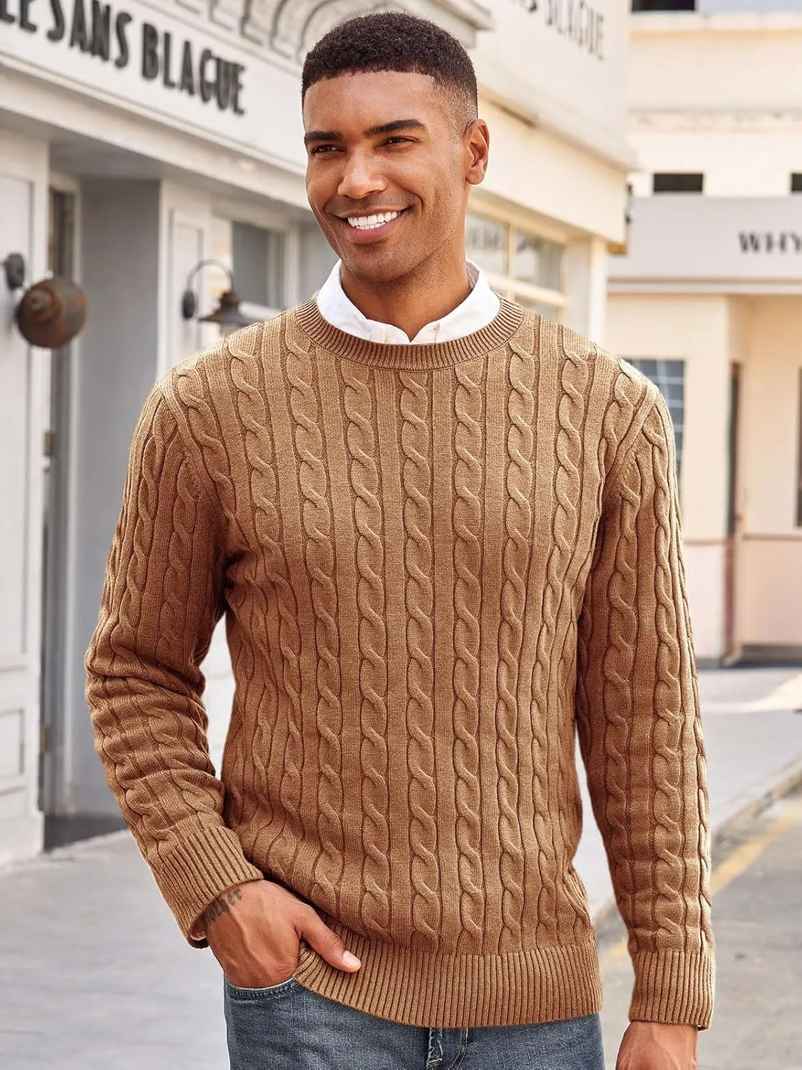 Runcati Mens Cable Knit Pullover Sweater Crewneck Casual Long Sleeve Slim Fit Knitwear Sweaters