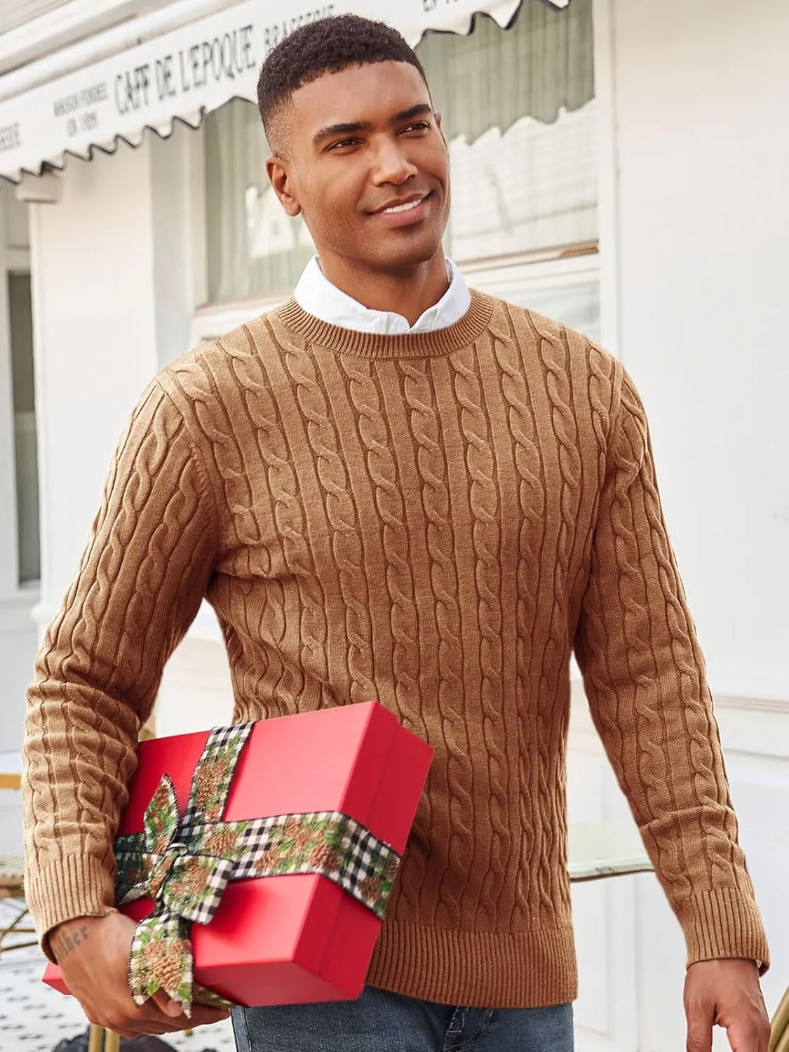 Runcati Mens Cable Knit Pullover Sweater Crewneck Casual Long Sleeve Slim Fit Knitwear Sweaters