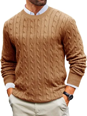Runcati Mens Cable Knit Pullover Sweater Crewneck Casual Long Sleeve Slim Fit Knitwear Sweaters