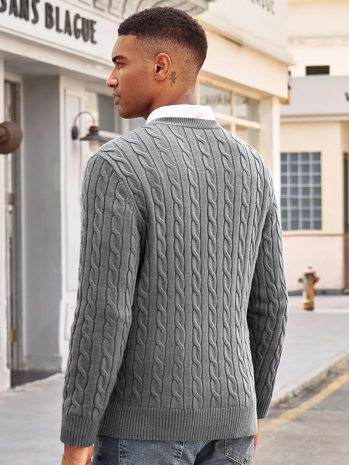 Runcati Mens Cable Knit Pullover Sweater Crewneck Casual Long Sleeve Slim Fit Knitwear Sweaters