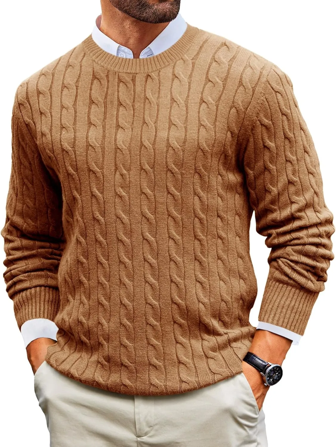 Runcati Mens Cable Knit Pullover Sweater Crewneck Casual Long Sleeve Slim Fit Knitwear Sweaters
