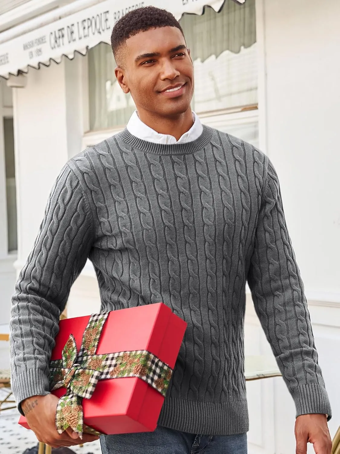 Runcati Mens Cable Knit Pullover Sweater Crewneck Casual Long Sleeve Slim Fit Knitwear Sweaters