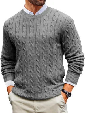 Runcati Mens Cable Knit Pullover Sweater Crewneck Casual Long Sleeve Slim Fit Knitwear Sweaters