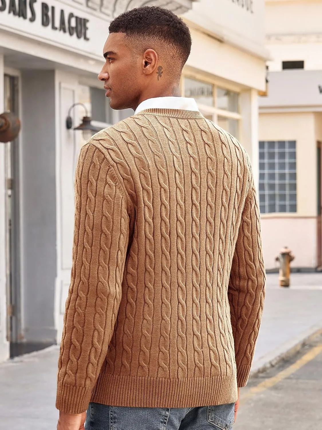 Runcati Mens Cable Knit Pullover Sweater Crewneck Casual Long Sleeve Slim Fit Knitwear Sweaters