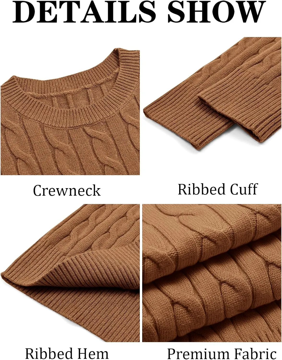 Runcati Mens Cable Knit Pullover Sweater Crewneck Casual Long Sleeve Slim Fit Knitwear Sweaters