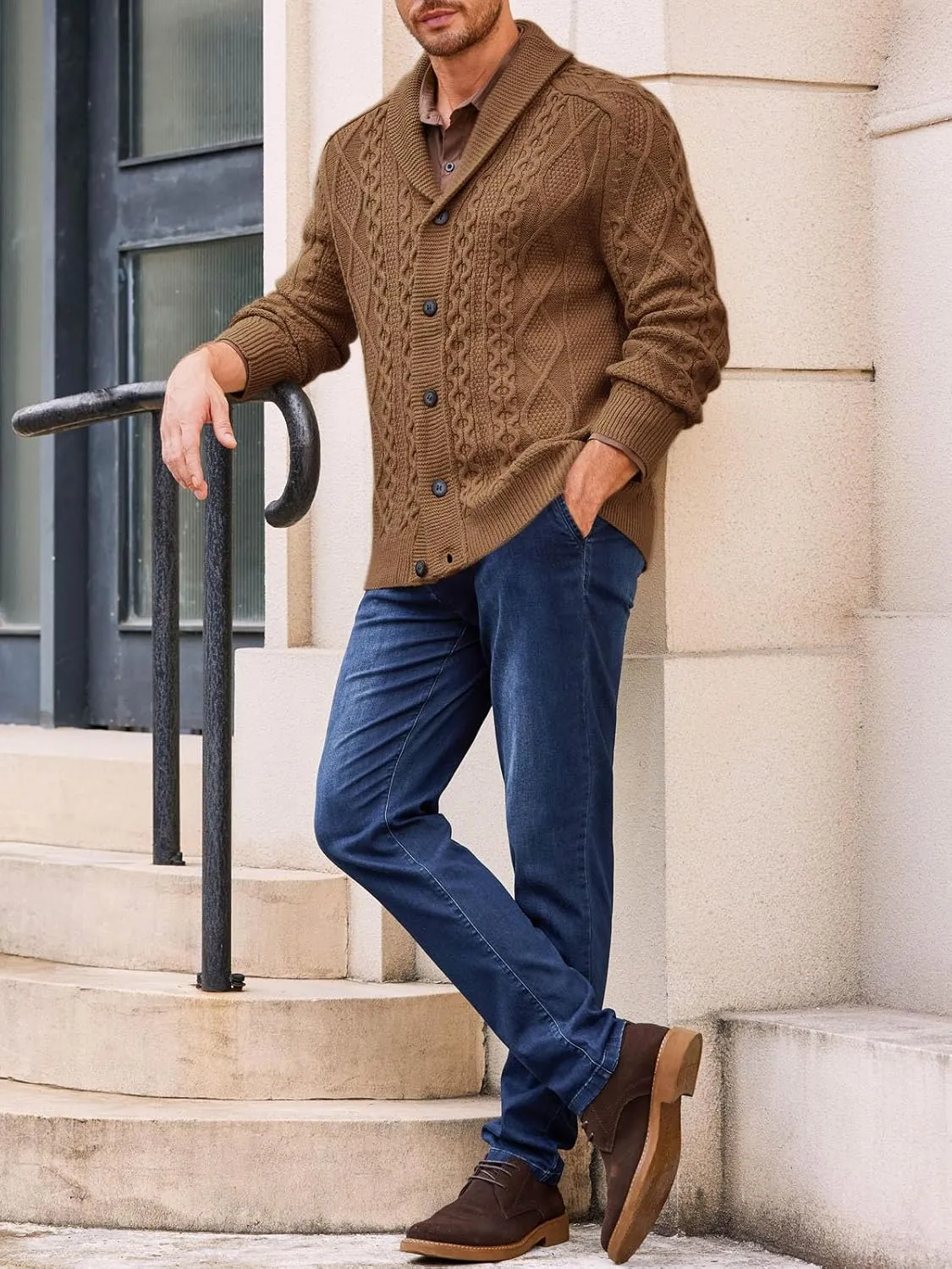 Runcati Mens Shawl Collar Cardigan Sweater Cable Knitted Button Down Sweaters Chunky Fall Winter Outwear