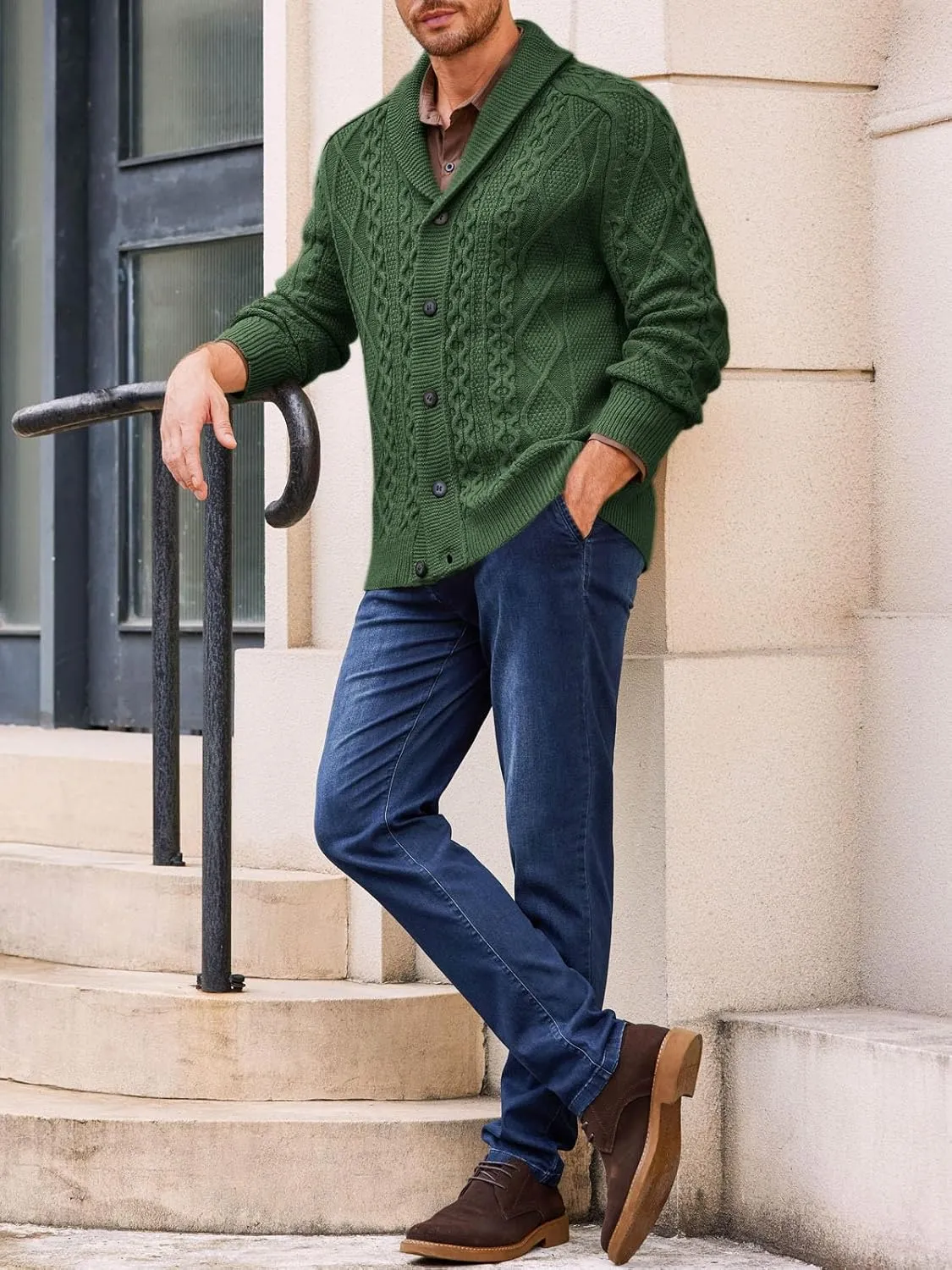 Runcati Mens Shawl Collar Cardigan Sweater Cable Knitted Button Down Sweaters Chunky Fall Winter Outwear