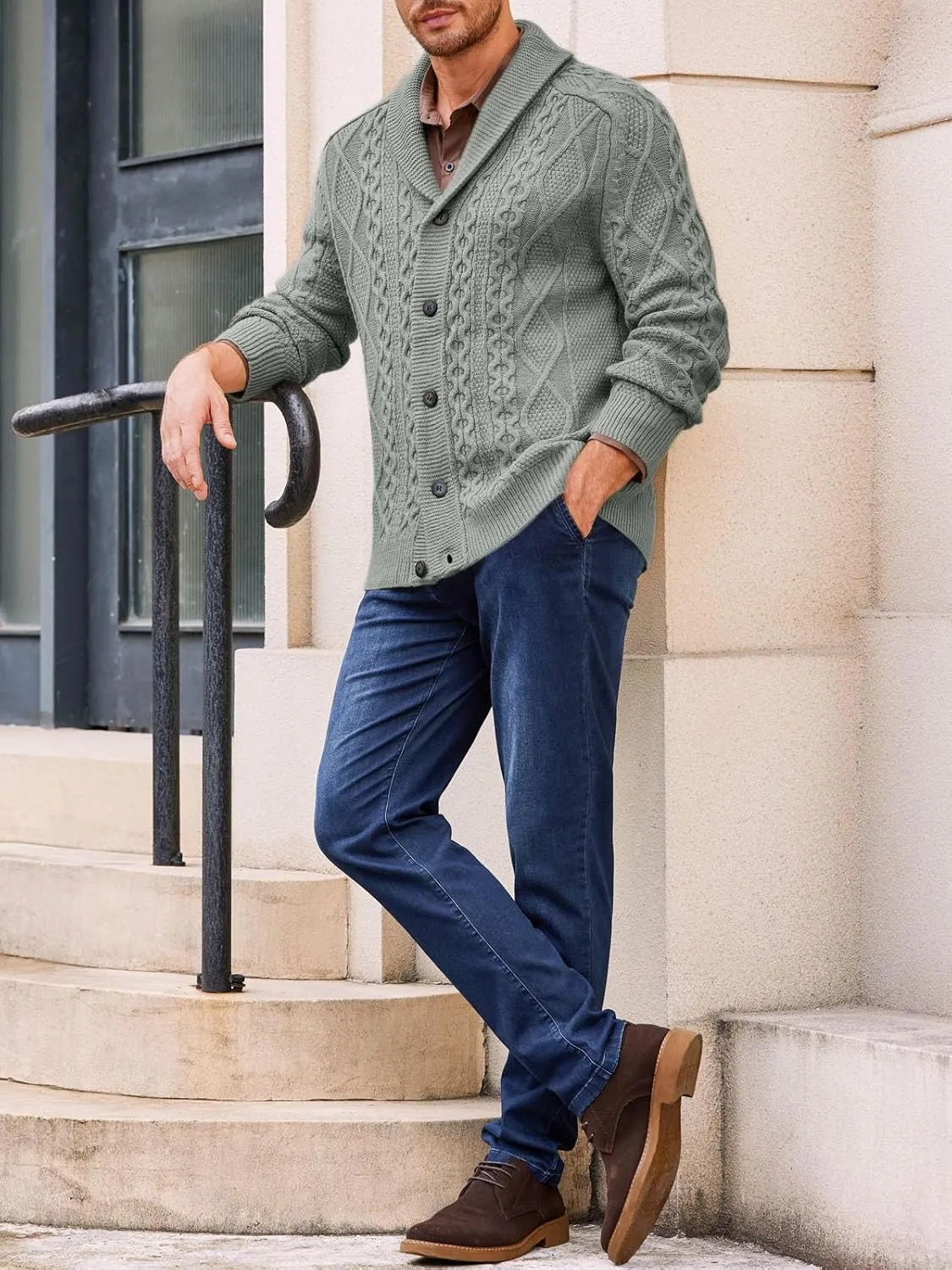 Runcati Mens Shawl Collar Cardigan Sweater Cable Knitted Button Down Sweaters Chunky Fall Winter Outwear