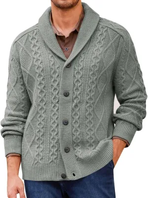 Runcati Mens Shawl Collar Cardigan Sweater Cable Knitted Button Down Sweaters Chunky Fall Winter Outwear