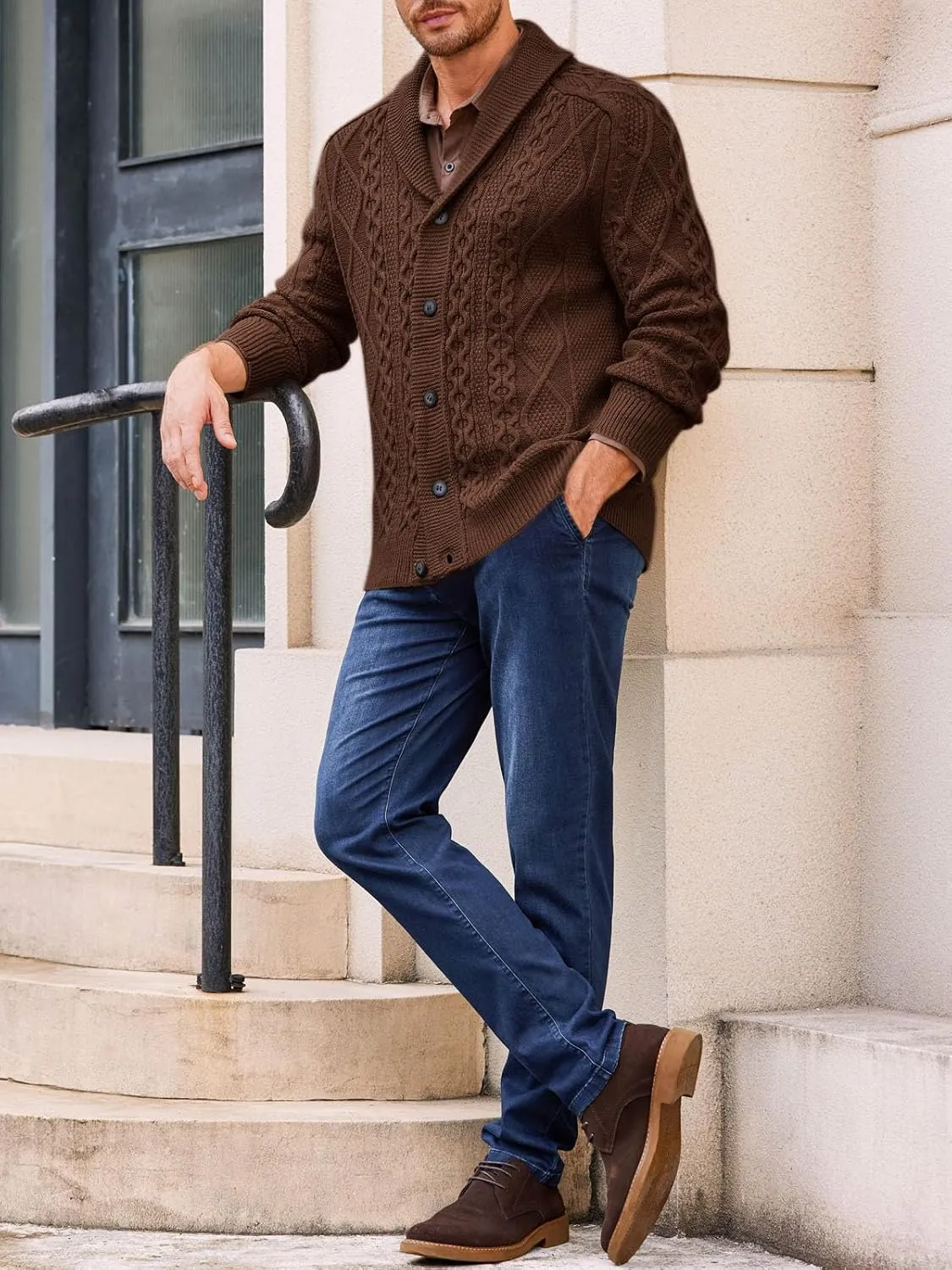 Runcati Mens Shawl Collar Cardigan Sweater Cable Knitted Button Down Sweaters Chunky Fall Winter Outwear