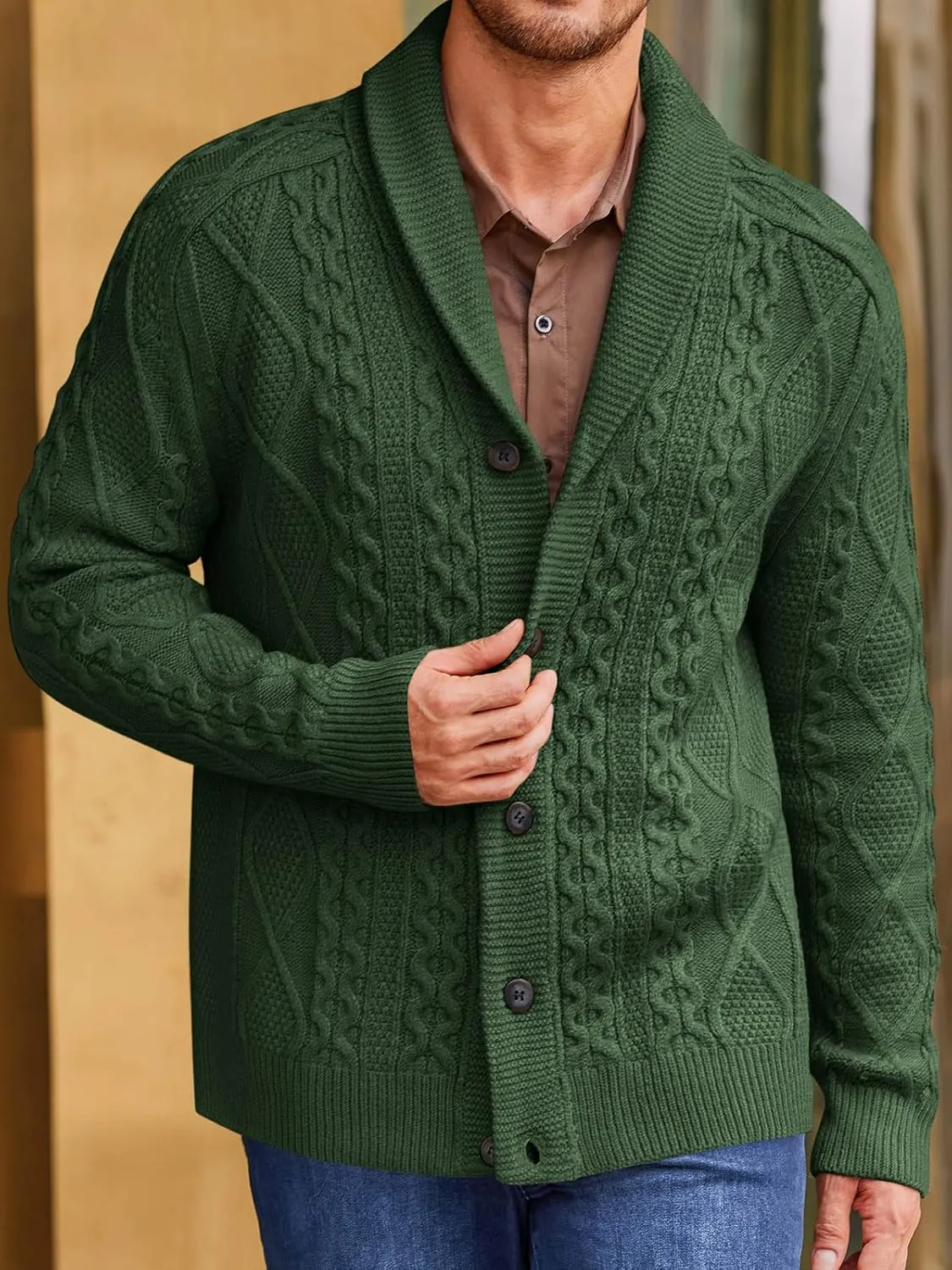 Runcati Mens Shawl Collar Cardigan Sweater Cable Knitted Button Down Sweaters Chunky Fall Winter Outwear