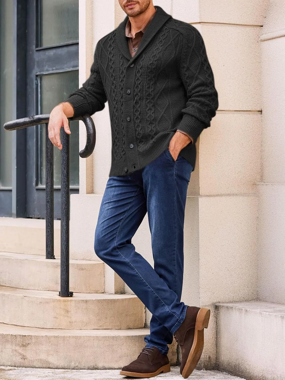 Runcati Mens Shawl Collar Cardigan Sweater Cable Knitted Button Down Sweaters Chunky Fall Winter Outwear