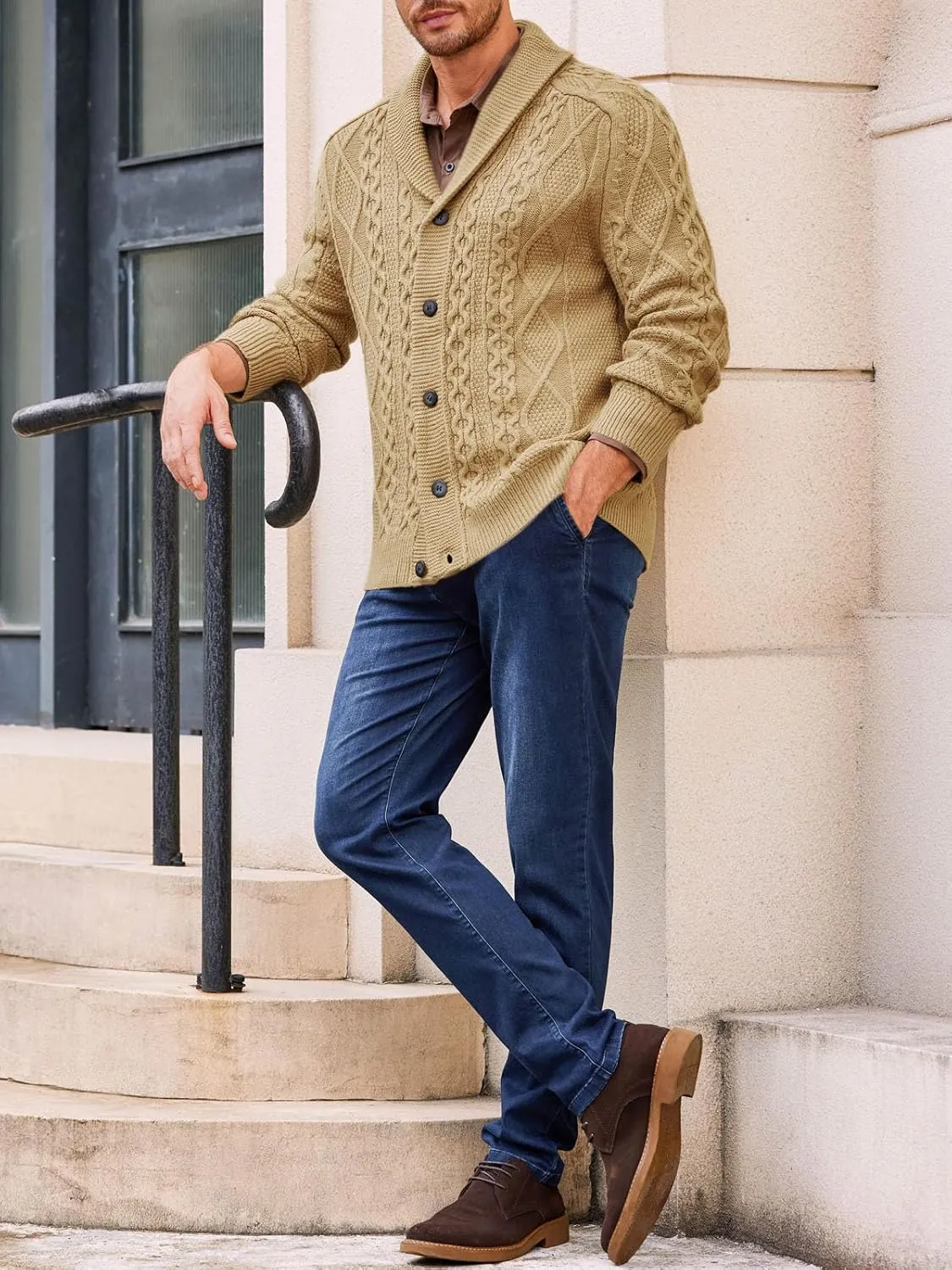 Runcati Mens Shawl Collar Cardigan Sweater Cable Knitted Button Down Sweaters Chunky Fall Winter Outwear