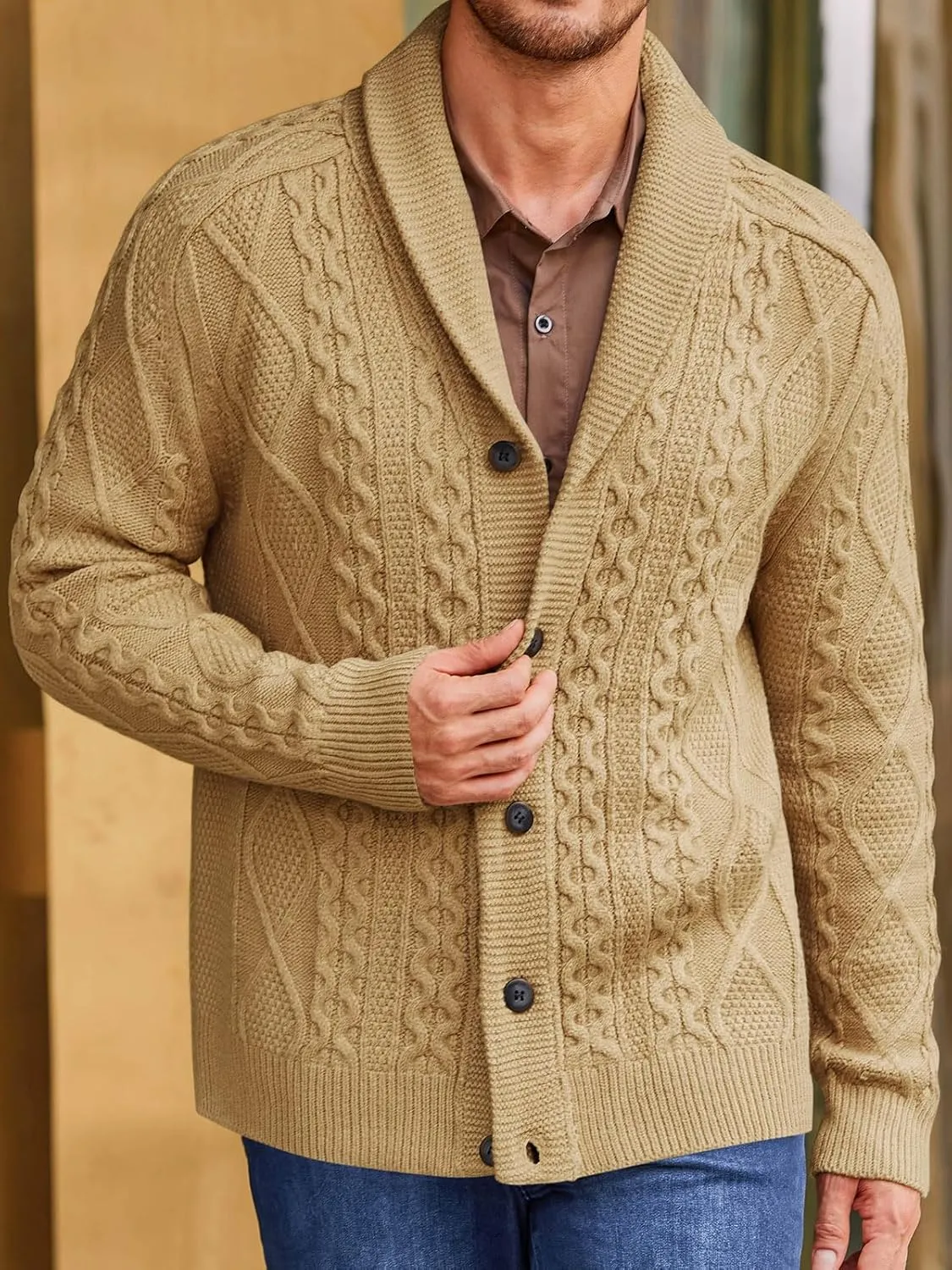 Runcati Mens Shawl Collar Cardigan Sweater Cable Knitted Button Down Sweaters Chunky Fall Winter Outwear