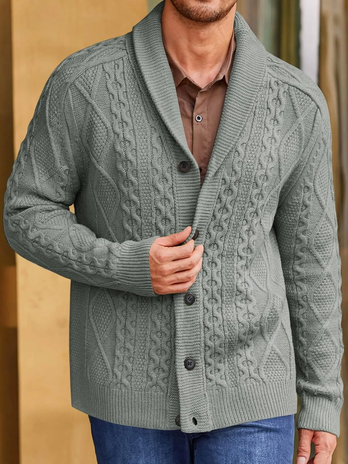 Runcati Mens Shawl Collar Cardigan Sweater Cable Knitted Button Down Sweaters Chunky Fall Winter Outwear