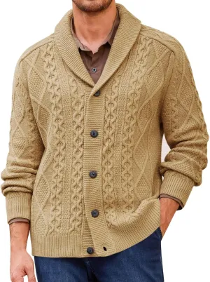 Runcati Mens Shawl Collar Cardigan Sweater Cable Knitted Button Down Sweaters Chunky Fall Winter Outwear