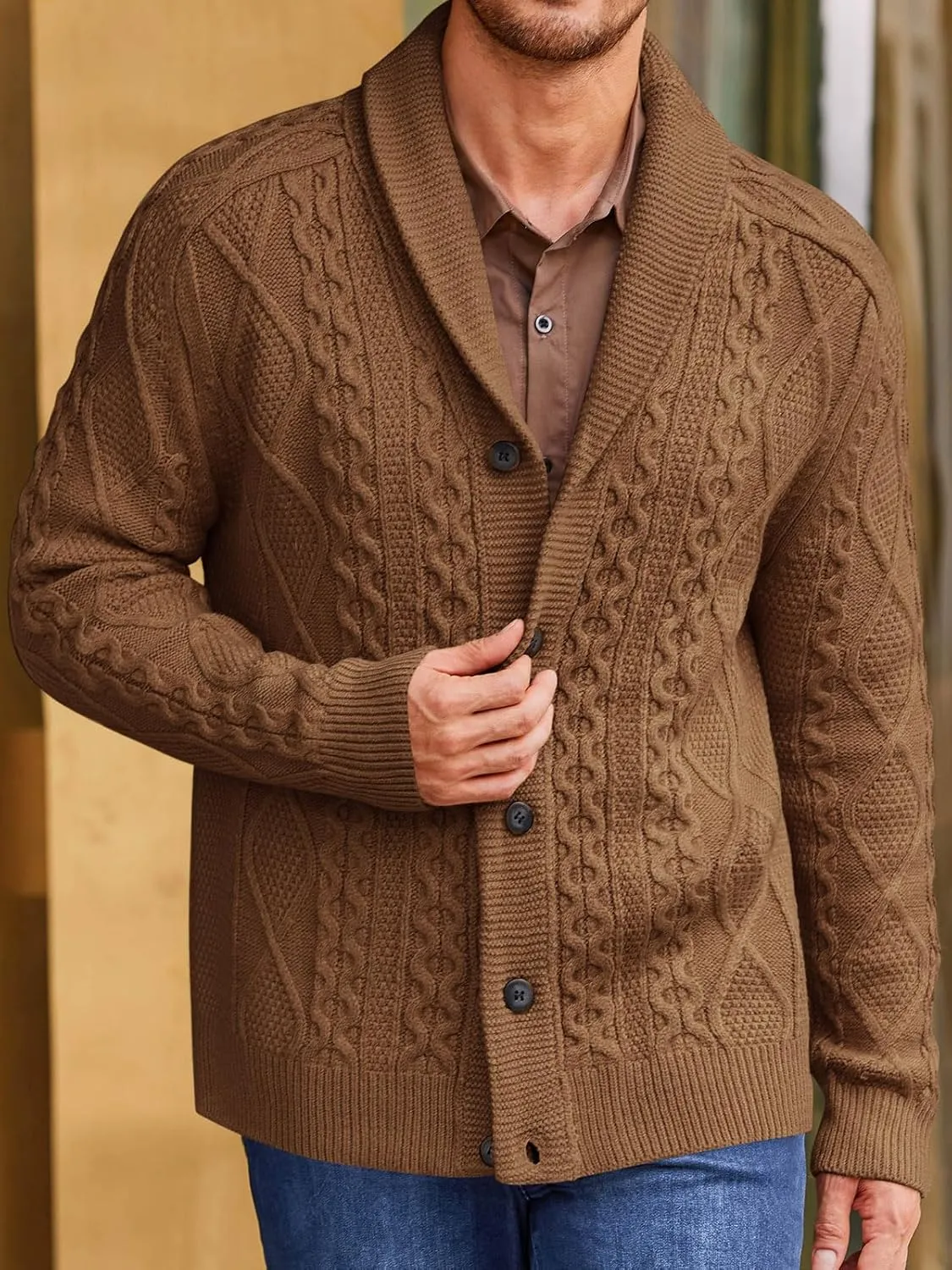 Runcati Mens Shawl Collar Cardigan Sweater Cable Knitted Button Down Sweaters Chunky Fall Winter Outwear