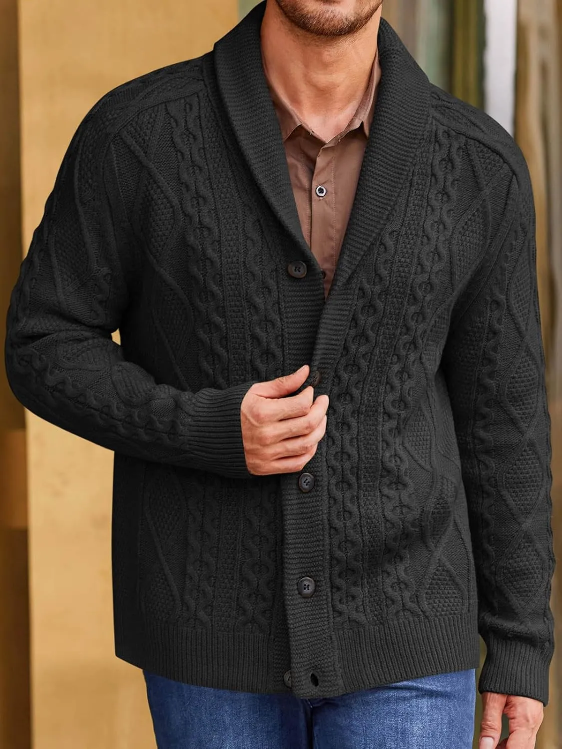 Runcati Mens Shawl Collar Cardigan Sweater Cable Knitted Button Down Sweaters Chunky Fall Winter Outwear