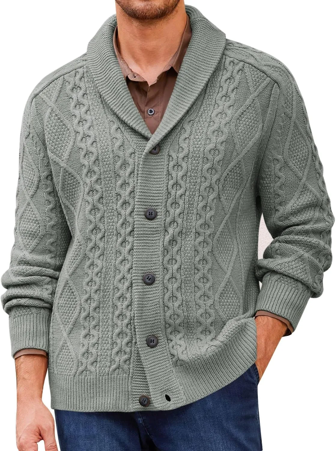 Runcati Mens Shawl Collar Cardigan Sweater Cable Knitted Button Down Sweaters Chunky Fall Winter Outwear