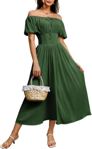 Scarlet Darkness Corset Dress for Women Puff Sleeve Off Shoulder Cottagecore Boho Renaissance Dress with Pockets