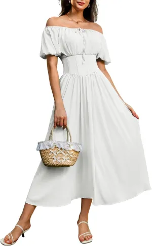 Scarlet Darkness Corset Dress for Women Puff Sleeve Off Shoulder Cottagecore Boho Renaissance Dress with Pockets