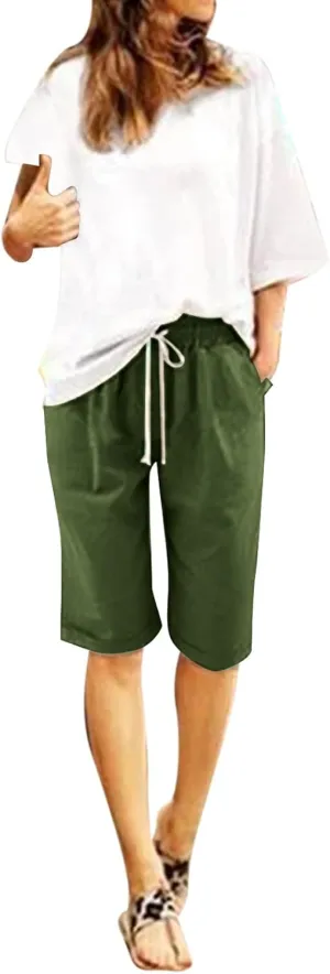 sdbrld Bermuda Shorts for Women,Womens Bermuda Shorts Trendy Summer Drawstring Shorts High Waisted Cotton Athletic Shorts