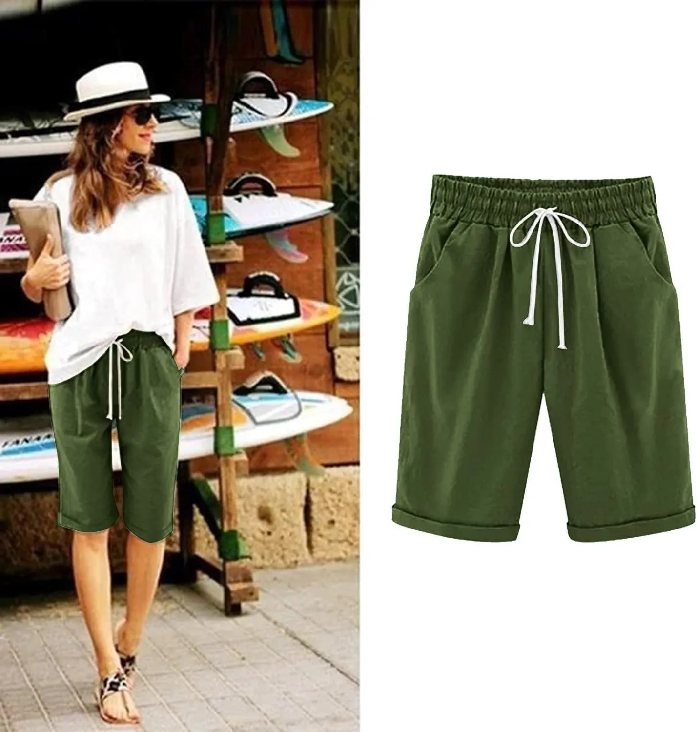 sdbrld Bermuda Shorts for Women,Womens Bermuda Shorts Trendy Summer Drawstring Shorts High Waisted Cotton Athletic Shorts