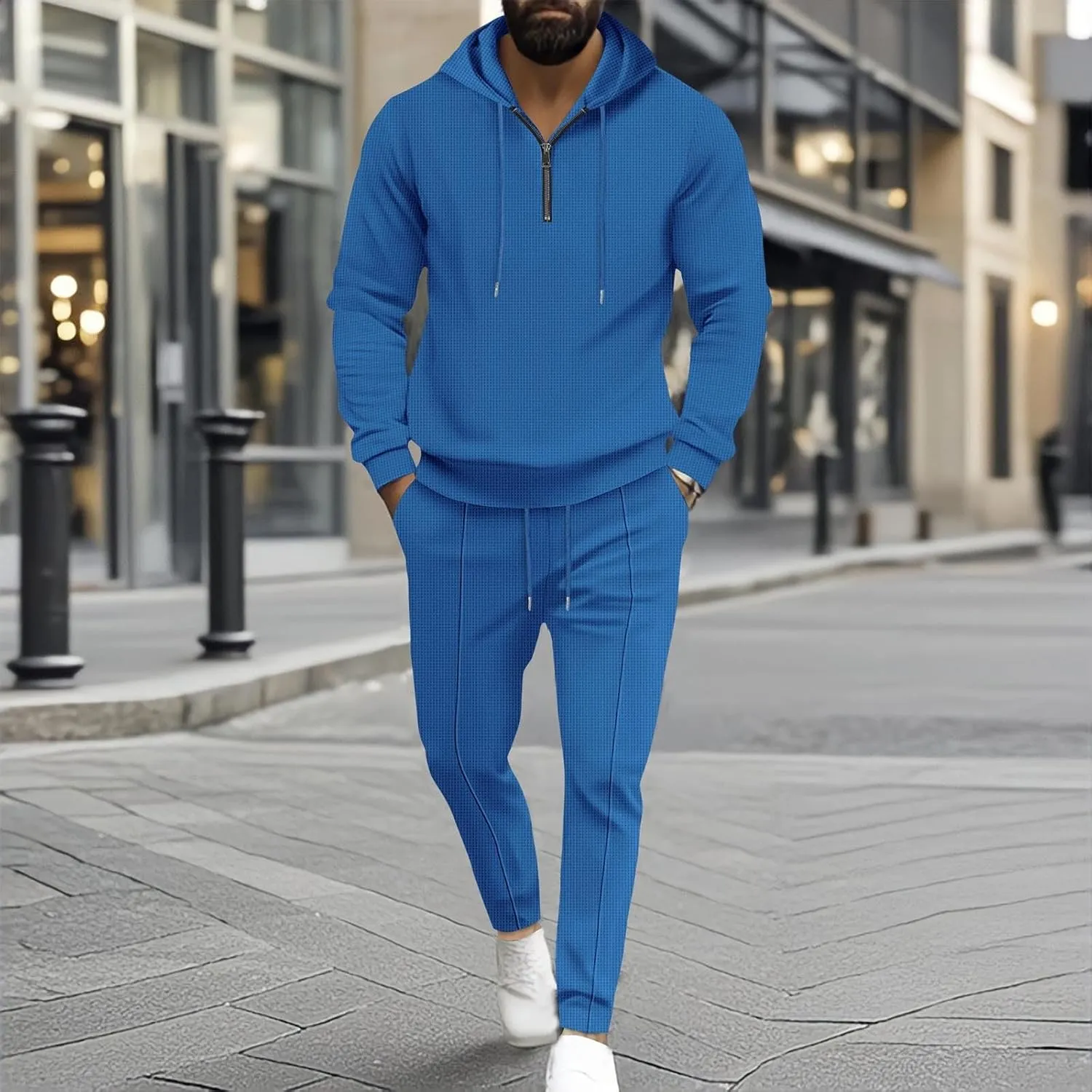 Sinzelimin Mens Tracksuit Set Fashion Long Sleeves Hooded Sweatshirt and Jogger Sweatpant 2PC Suit Hoodies Tops Sportwear