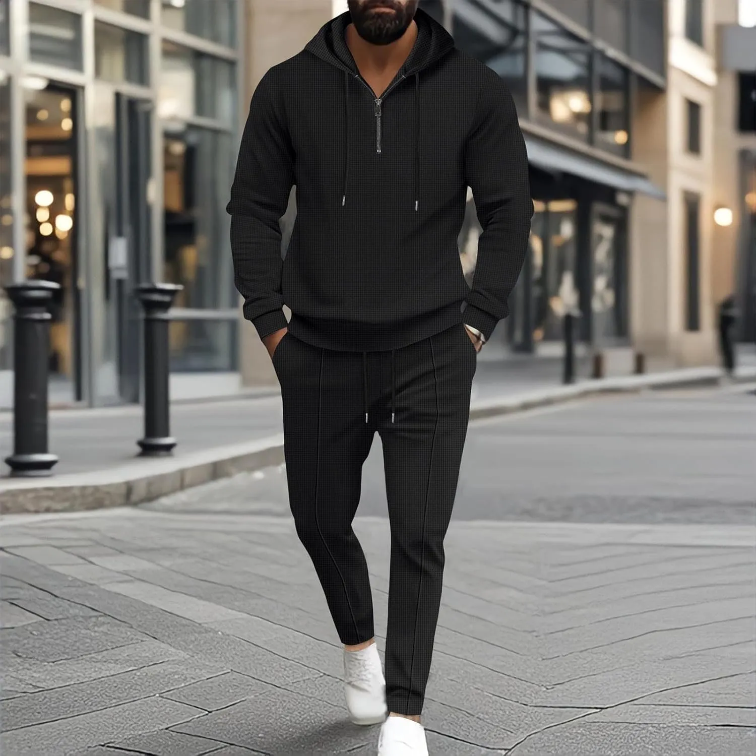 Sinzelimin Mens Tracksuit Set Fashion Long Sleeves Hooded Sweatshirt and Jogger Sweatpant 2PC Suit Hoodies Tops Sportwear